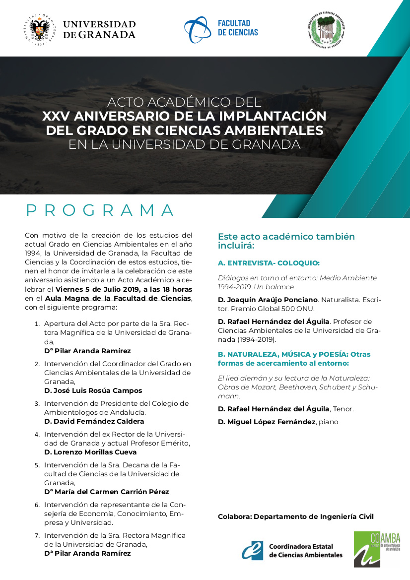 Acto Académico del XXV Aniversario de la Implantación del Grado en Ciencias Ambientales en la Universidad de Granada